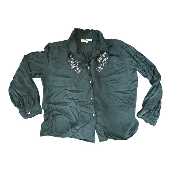 Simple retro Convallaria Floral Embroidered Shirt SZ XL Green Puff Top - Picture 4 of 7